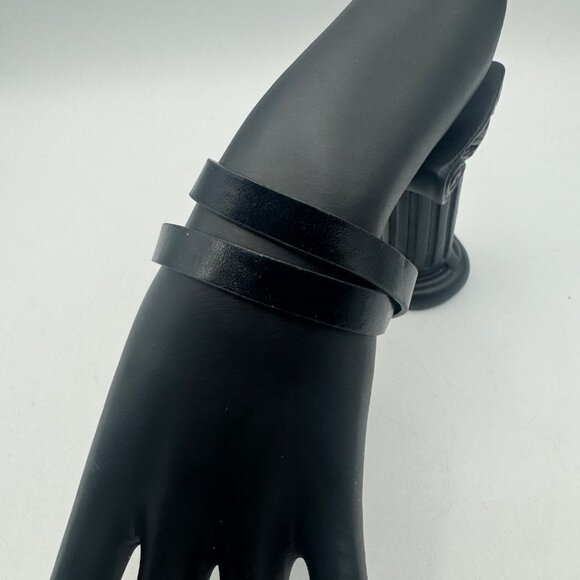 Black Leather Wrap Bracelet Gold-Tone Rhinestone Cross Charm Adjustable Strap - Picture 3 of 4